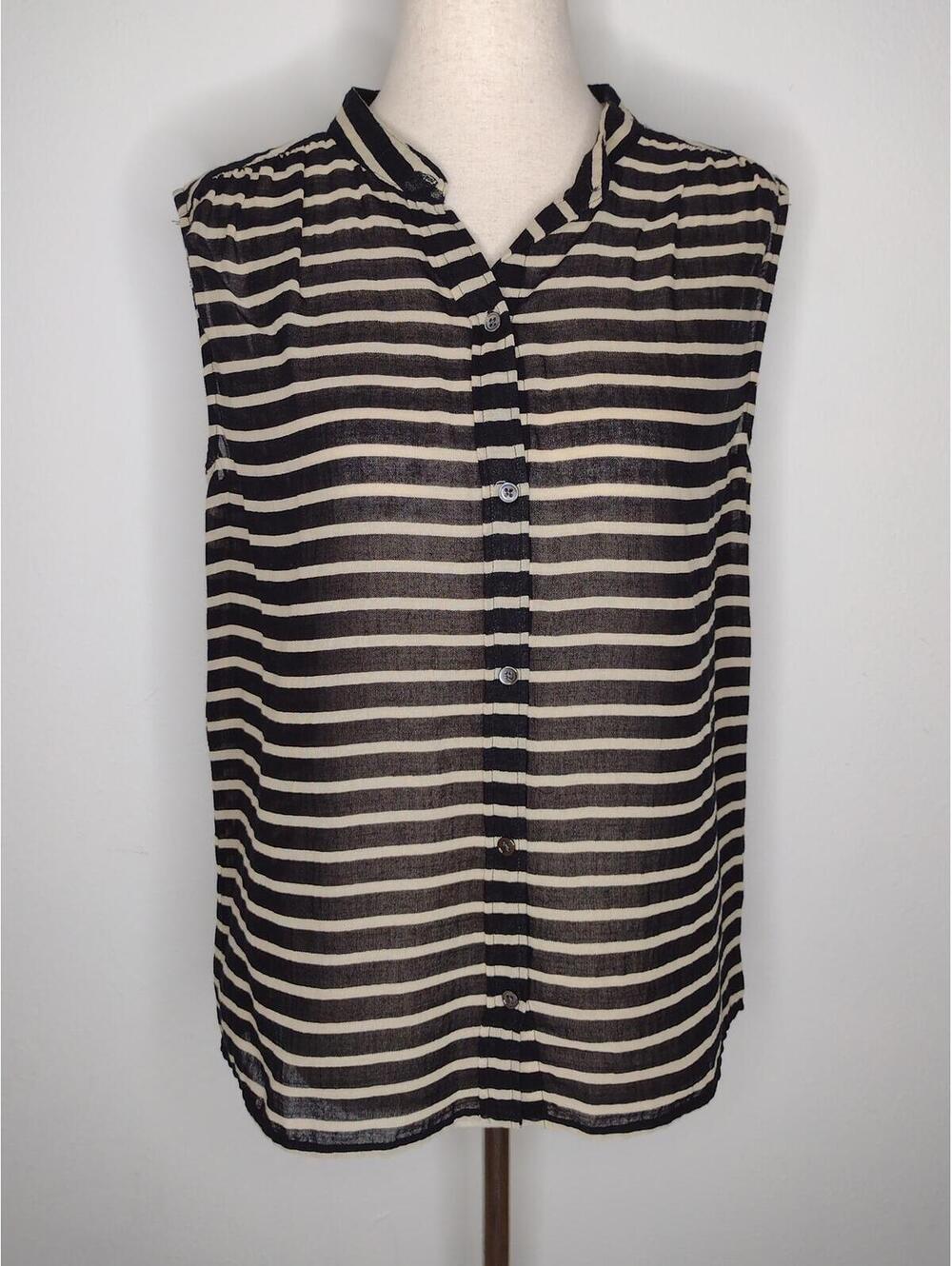 Preloved J. Crew Women's Black/Beige Striped Button Up Blouse Size 2
